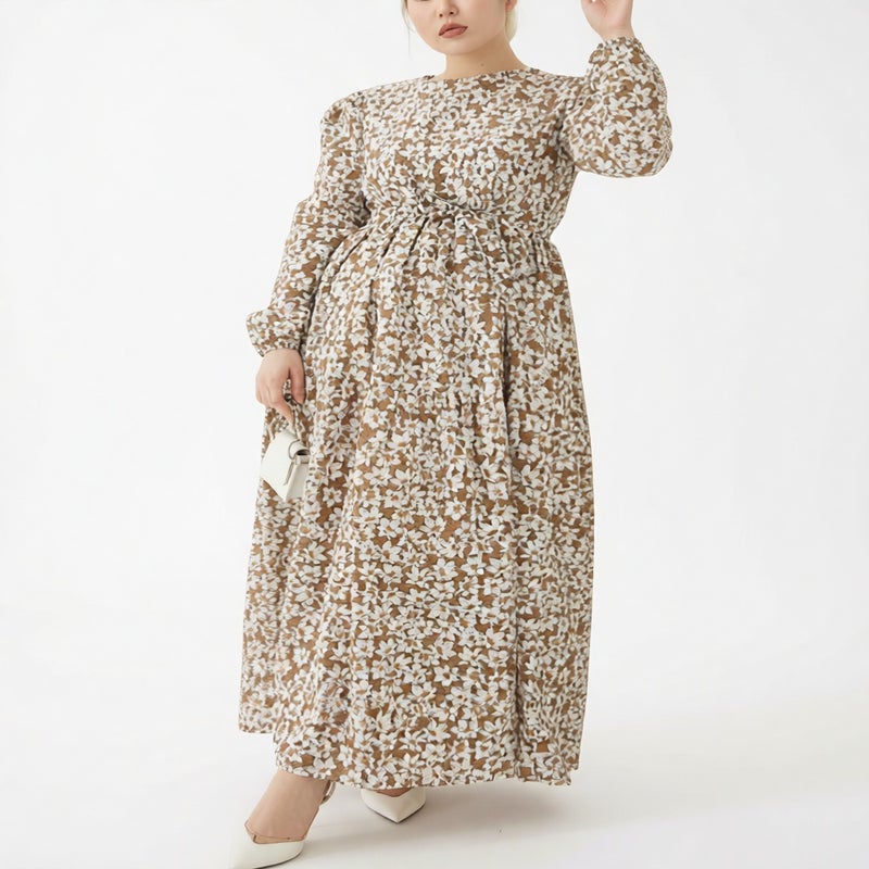 فستان ماكسي بأكمام طويلة وياقة عالية مع حزام وطبعة زهور - Image 1
