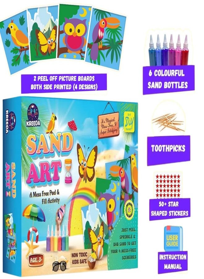 KREEDA Sand Art & Craft Kit for Kids – Mess-Free DIY Birds & Butterfly Activity with 4 Colourful Sand Bottles & 50+ Star Stickers | Creative Gift for Boys & Girls - Image 2