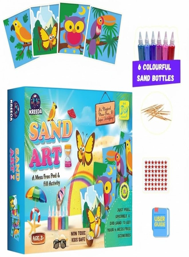 KREEDA Sand Art & Craft Kit for Kids – Mess-Free DIY Birds & Butterfly Activity with 4 Colourful Sand Bottles & 50+ Star Stickers | Creative Gift for Boys & Girls - Image 1