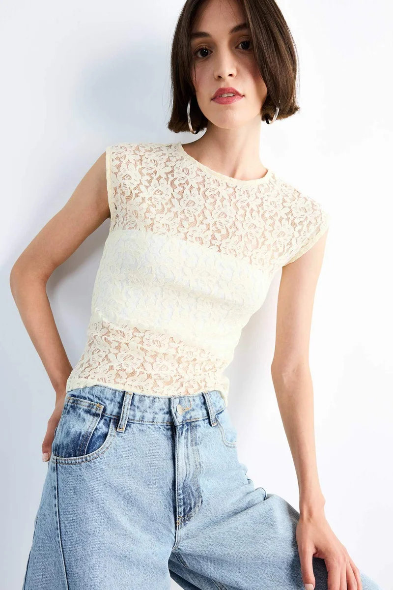 DeFacto Slim Fit Lace Crew Neck Tank Top