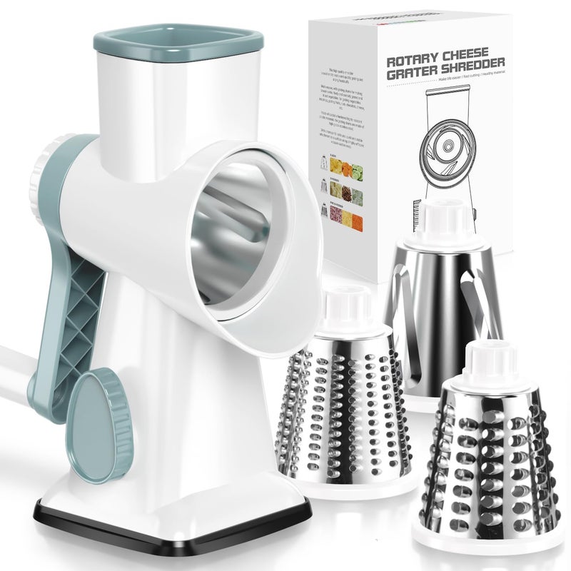 Badelite Cheese Grater Hand Crank Rotating Cheese Shredder Stainless Steel Vegetable Slicer Grater for Kitchen 3 Blades for Cheese, Carrot, Cucumber, Nuts, Chocolate, White - Image 1