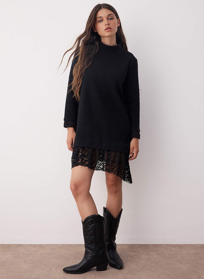 trendyol Black Stand Collar Shift/Straight Cut Long Sleeve Lace Garni Detail Mini Knitted Dress - Image 2