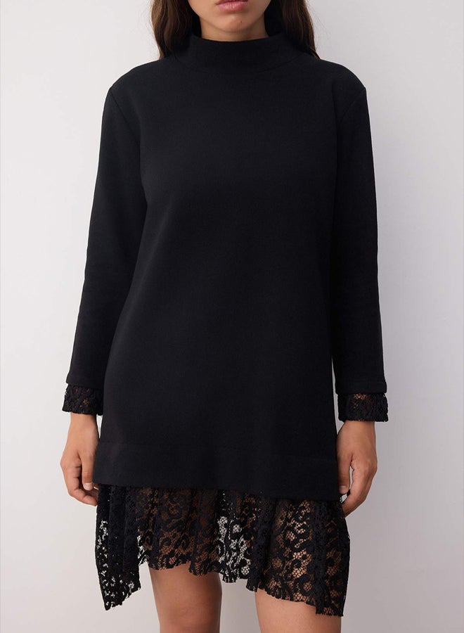 trendyol Black Stand Collar Shift/Straight Cut Long Sleeve Lace Garni Detail Mini Knitted Dress - Image 4