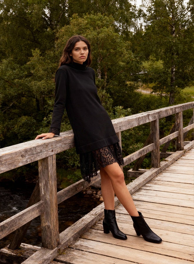 trendyol Black Stand Collar Shift/Straight Cut Long Sleeve Lace Garni Detail Mini Knitted Dress - Image 1