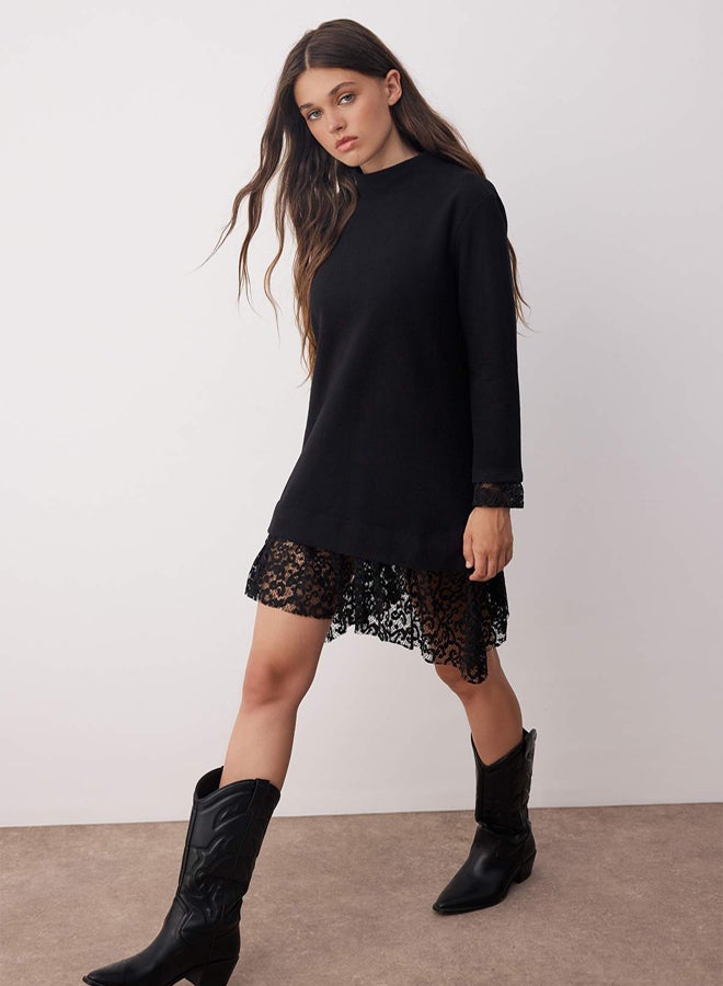 trendyol Black Stand Collar Shift/Straight Cut Long Sleeve Lace Garni Detail Mini Knitted Dress - Image 3