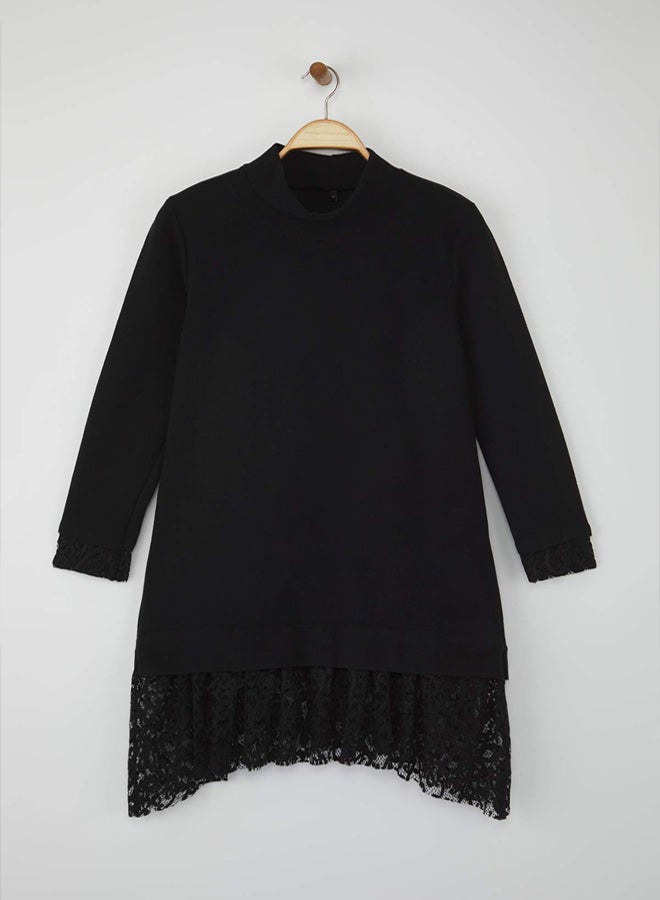 trendyol Black Stand Collar Shift/Straight Cut Long Sleeve Lace Garni Detail Mini Knitted Dress - Image 5