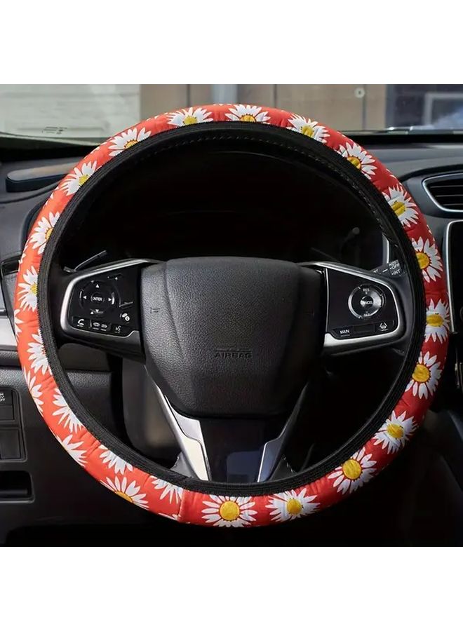 Soft Breathable Daisy Pattern Steering Wheel Cover Coffee Color Fits 15 Inch Wheels Polyester No Inner Ring Required Vibrant Floral Design - Image 3