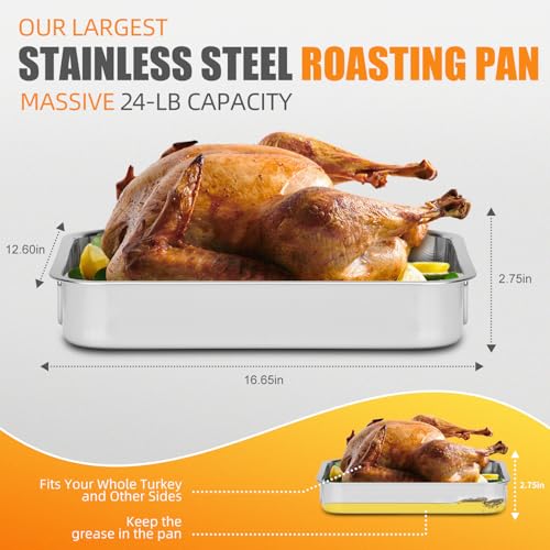 Chrysovereign Stainless Steel Turkey Roasting Pan with Rack & Handles, Heavy Duty Food-Safe Turkey Pan Dishwasher Safe, Perfect for Cooking Turkey and Steak for Thanksgiving and Christmas (Extra Size) - Image 2