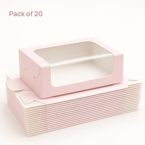 mudrit Bakery Box with Window, Pack of 20 for 2 Brownies, Donuts, Ladoos, Chocolates, Macarons, Size 6.25x3.25x2 inches (Pink) - Image 2