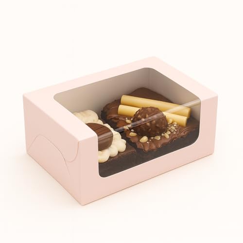 mudrit Bakery Box with Window, Pack of 20 for 2 Brownies, Donuts, Ladoos, Chocolates, Macarons, Size 6.25x3.25x2 inches (Pink) - Image 1