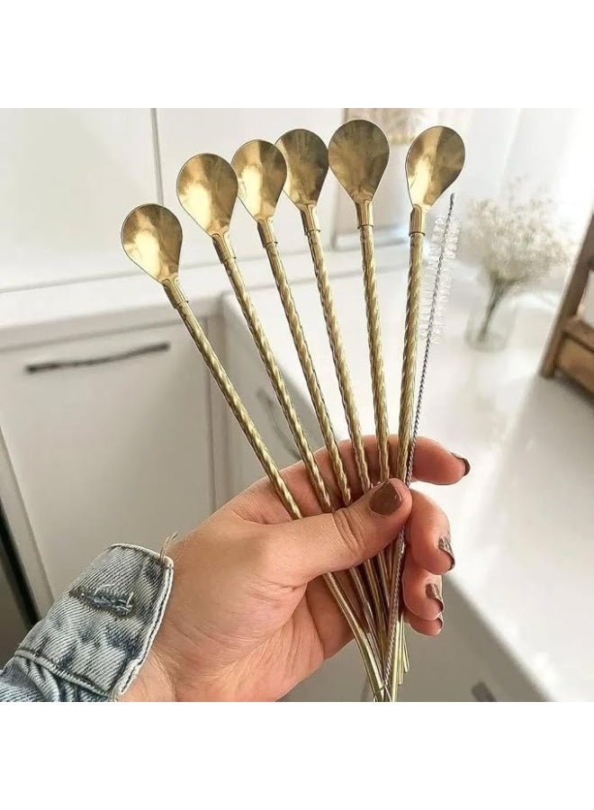 Elegant Set Of 7 Reusable Drinking Straws With Spoon 304 Stainless Steel Metal Straws Straight And Bent Design With Cleaning Brush Eco Friendly Multi Purpose Straws (Threaded Gold) - Image 3