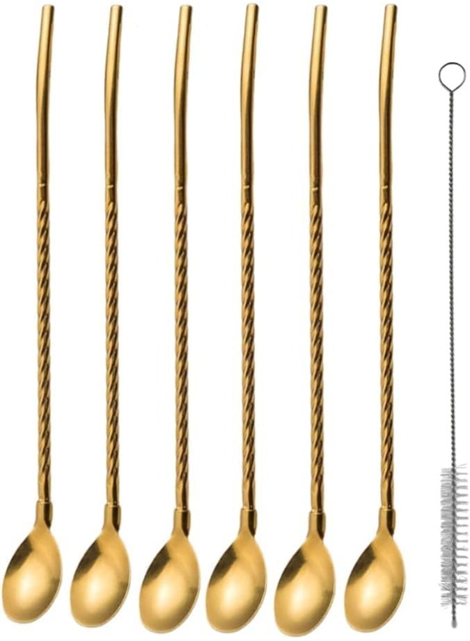 Elegant Set Of 7 Reusable Drinking Straws With Spoon 304 Stainless Steel Metal Straws Straight And Bent Design With Cleaning Brush Eco Friendly Multi Purpose Straws (Threaded Gold) - Image 1