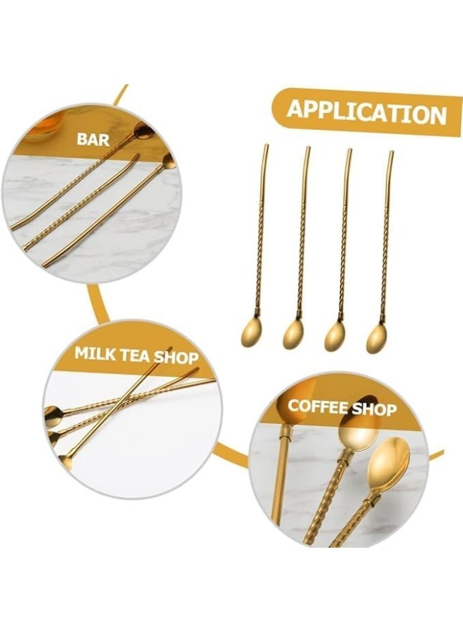 Elegant Set Of 7 Reusable Drinking Straws With Spoon 304 Stainless Steel Metal Straws Straight And Bent Design With Cleaning Brush Eco Friendly Multi Purpose Straws (Threaded Gold) - Image 5