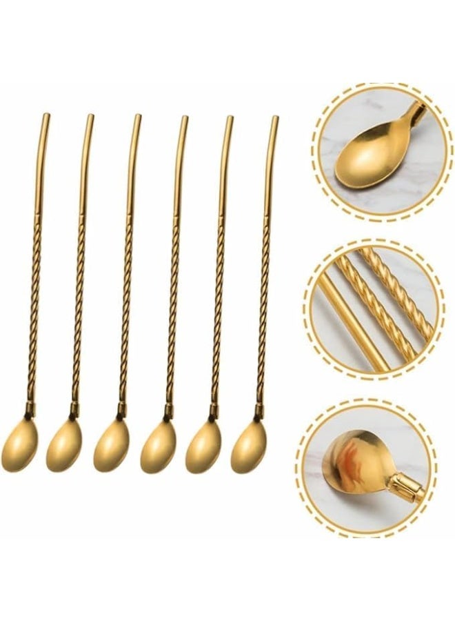 Elegant Set Of 7 Reusable Drinking Straws With Spoon 304 Stainless Steel Metal Straws Straight And Bent Design With Cleaning Brush Eco Friendly Multi Purpose Straws (Threaded Gold) - Image 4