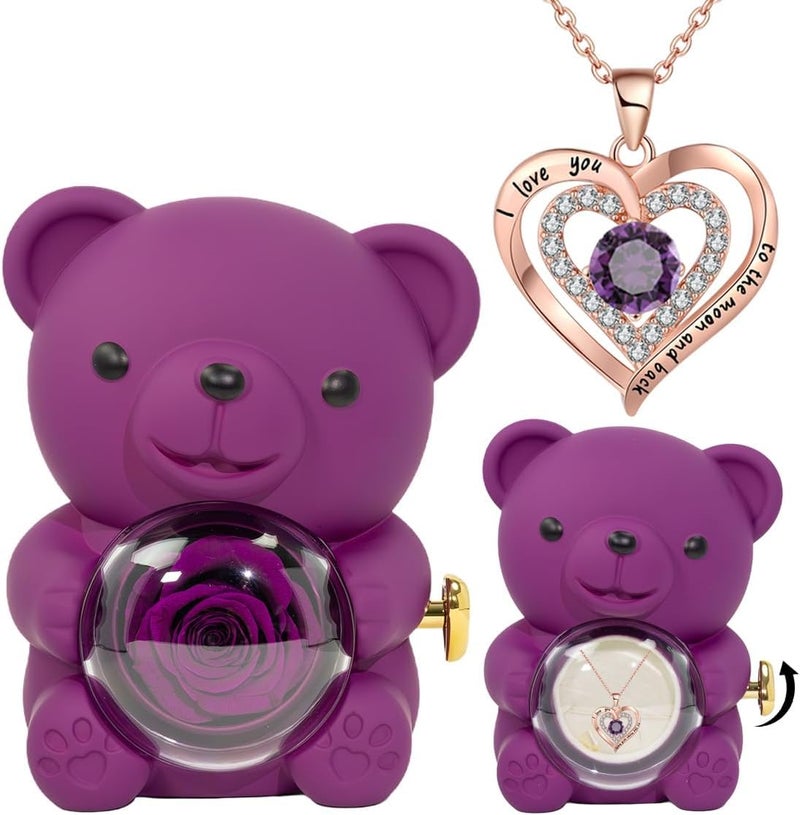Dwiza Enterprise Teddy Bear with Forever Rose, Ring & Pendant Gift Box | Natural Handpicked Preserved Rose | Romantic Gift for Her | Gift for Valentine’s Day, Birthday, Anniversary (Purple) - Image 1