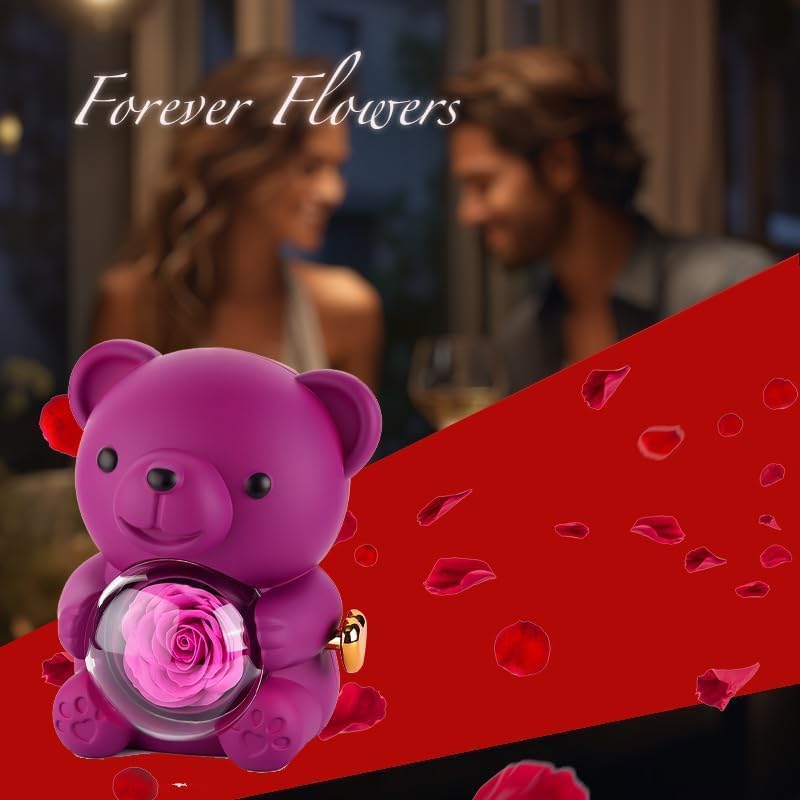 Dwiza Enterprise Teddy Bear with Forever Rose, Ring & Pendant Gift Box | Natural Handpicked Preserved Rose | Romantic Gift for Her | Gift for Valentine’s Day, Birthday, Anniversary (Purple) - Image 3