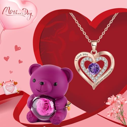 Dwiza Enterprise Teddy Bear with Forever Rose, Ring & Pendant Gift Box | Natural Handpicked Preserved Rose | Romantic Gift for Her | Gift for Valentine’s Day, Birthday, Anniversary (Purple) - Image 2