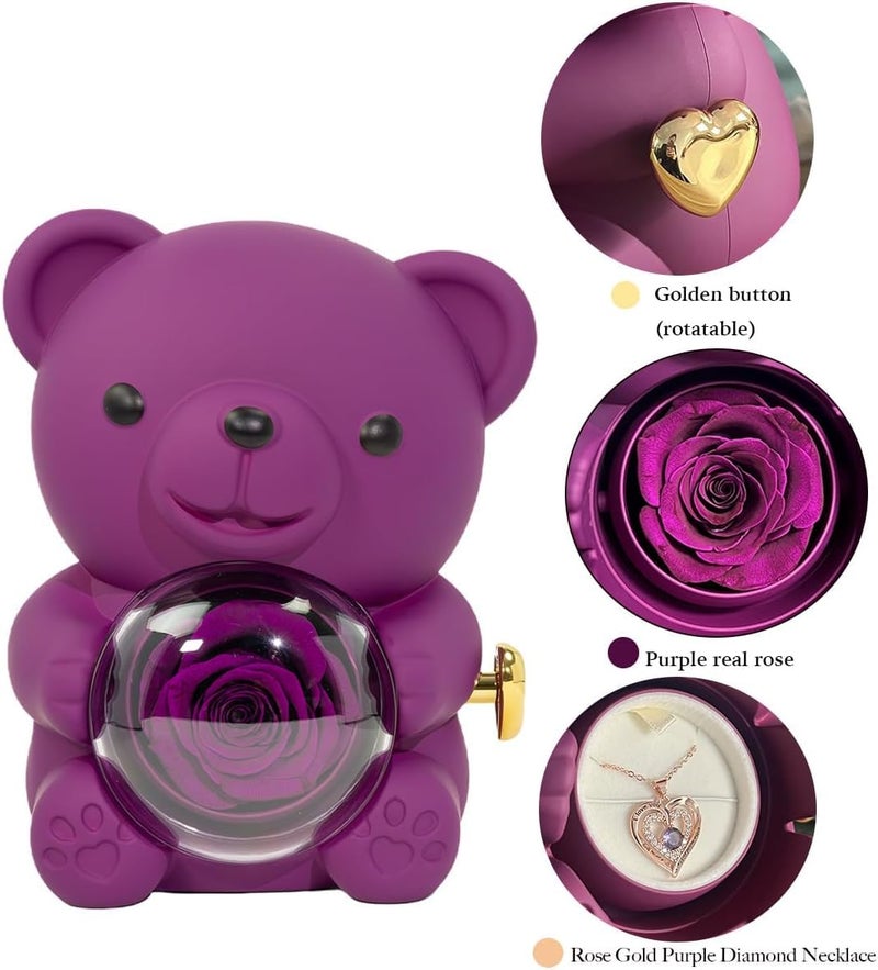 Dwiza Enterprise Teddy Bear with Forever Rose, Ring & Pendant Gift Box | Natural Handpicked Preserved Rose | Romantic Gift for Her | Gift for Valentine’s Day, Birthday, Anniversary (Purple) - Image 4