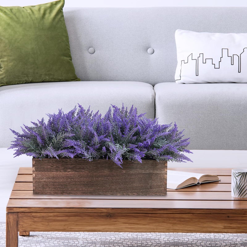 Winlyn زهور اللافندر الاصطناعية وينلين 14" في صندوق زهور خشبي مستطيل مزخرف بالثلج الاصطناعي - Image 5