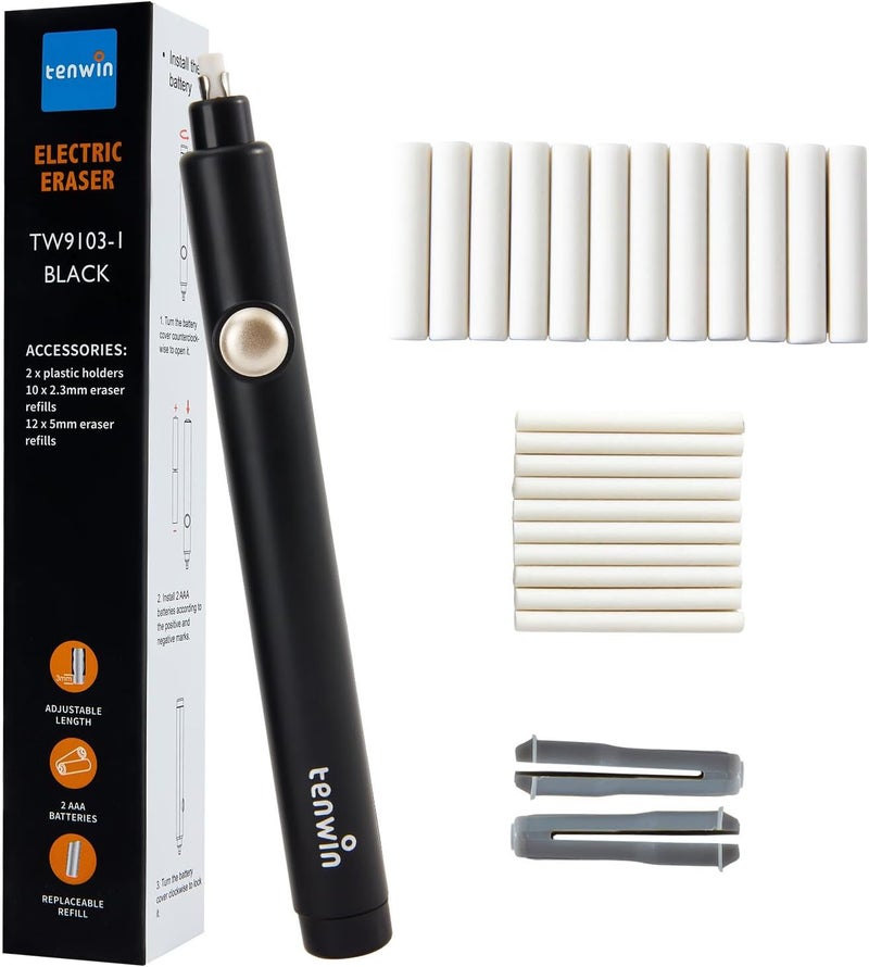 tenwin Battery Operated Pencil Eraser, Electric Eraser Kit with 2 Different Eraser Sizes, Ideal for Sketching, Drafting, Drawing (Black) - Image 1