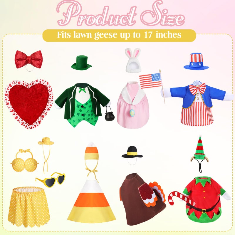 Silicherry 8 Set Holiday Seasonal Baby Goose Outfits for 17" Cement Statue St. Patrick's Day, Easter, 4th of July, Summer All Season Lawn Porch Goose Clothes Costume for Garden Patio Outdoor Decor(Stylish Style) - Image 2