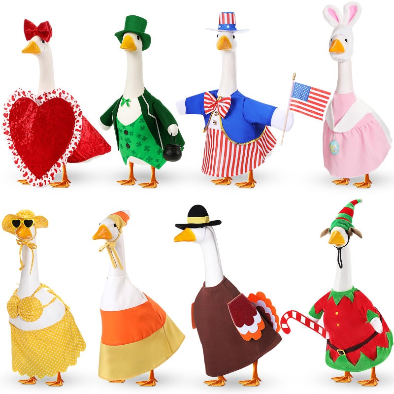 Silicherry 8 Set Holiday Seasonal Baby Goose Outfits for 17" Cement Statue St. Patrick's Day, Easter, 4th of July, Summer All Season Lawn Porch Goose Clothes Costume for Garden Patio Outdoor Decor(Stylish Style) - Image 1