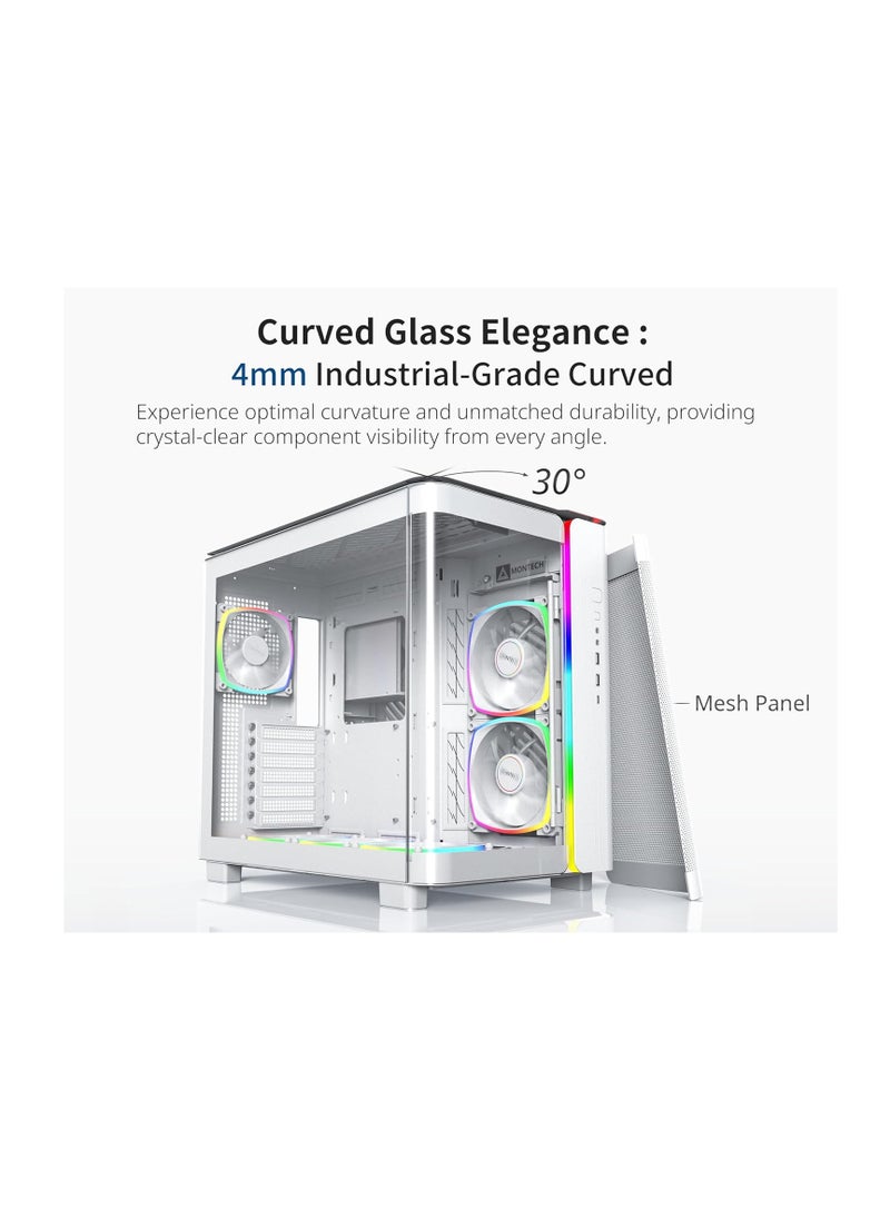 MONTECH, King 95 PRO Dual-Chamber ATX Mid-Tower PC Gaming Case, High-Airflow, Toolless Panels, Sturdy Curved Tempered Glass Front, Six ARGB PWM Fan Pre-Installed with Fan Hub, White