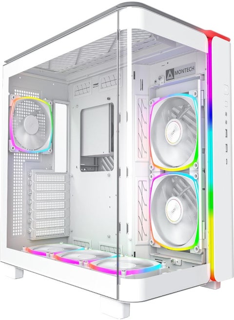 MONTECH, King 95 PRO Dual-Chamber ATX Mid-Tower PC Gaming Case, High-Airflow, Toolless Panels, Sturdy Curved Tempered Glass Front, Six ARGB PWM Fan Pre-Installed with Fan Hub, White