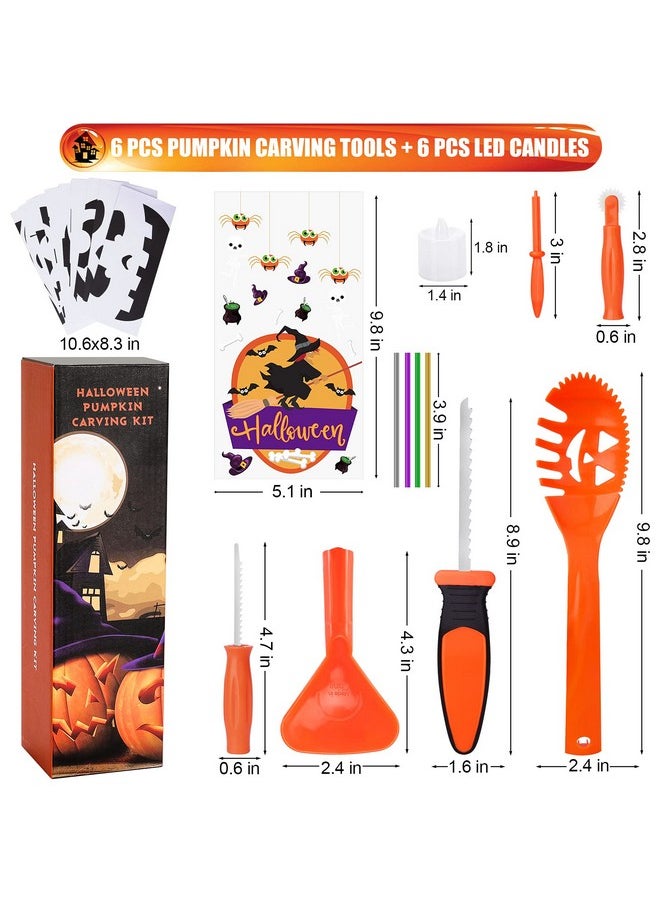 SKINOSM - Pumpkin Carving Kit For Kids, 6 Easy Halloween Pumpkin Carving Tools Set, 6 Led Candles, 10 Carving Stencils & 20 Halloween Cellophane Candy Bags - Image 1