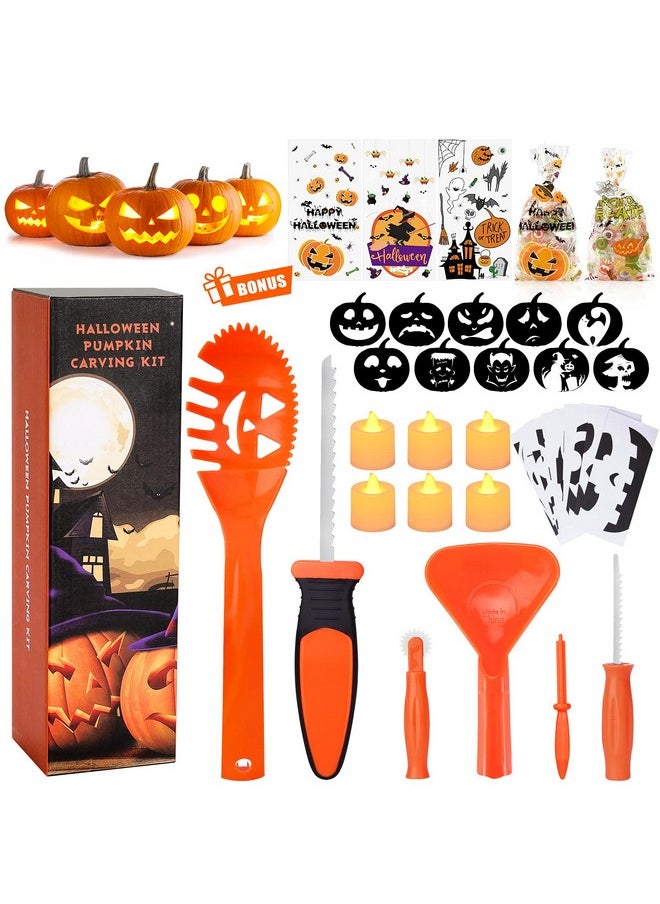 SKINOSM - Pumpkin Carving Kit For Kids, 6 Easy Halloween Pumpkin Carving Tools Set, 6 Led Candles, 10 Carving Stencils & 20 Halloween Cellophane Candy Bags - Image 1