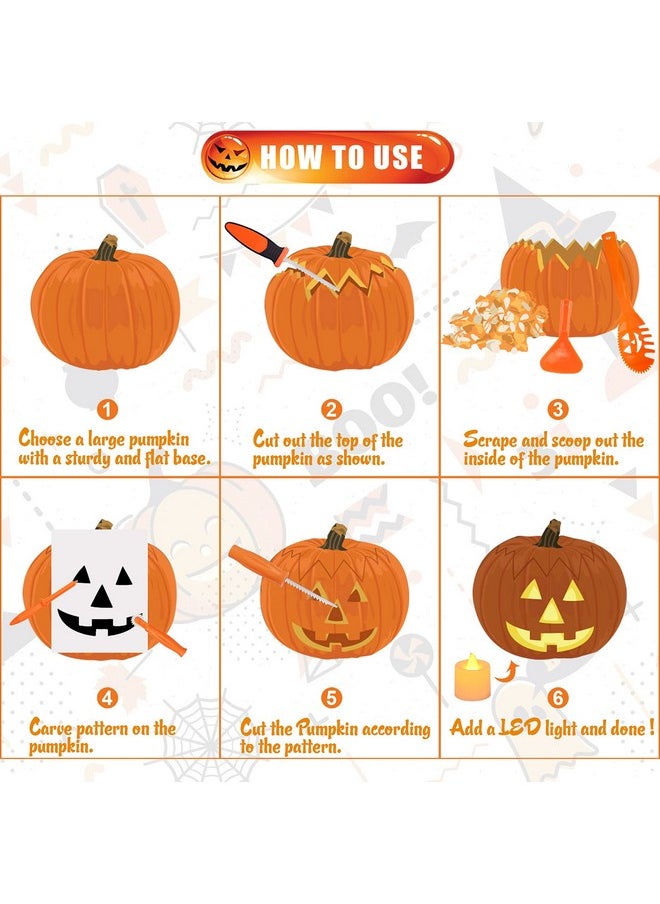 SKINOSM - Pumpkin Carving Kit For Kids, 6 Easy Halloween Pumpkin Carving Tools Set, 6 Led Candles, 10 Carving Stencils & 20 Halloween Cellophane Candy Bags - Image 1