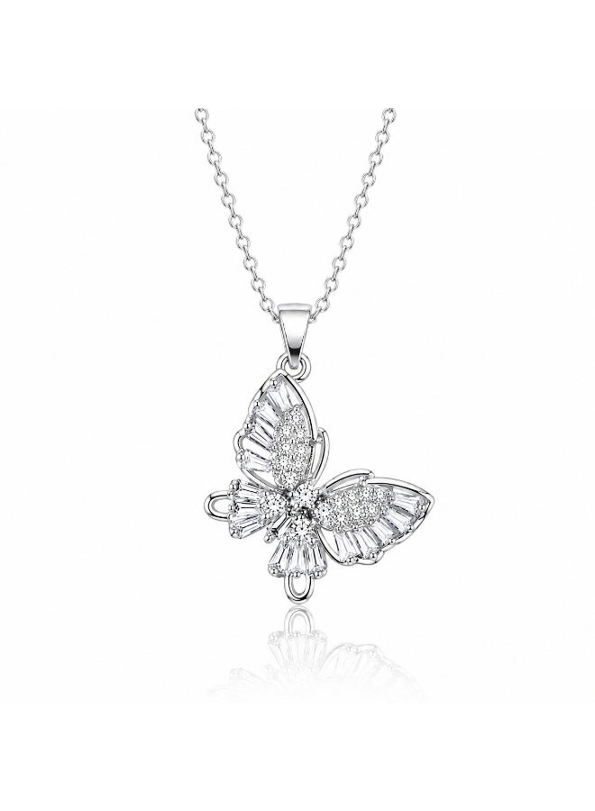 RAFAL Butterfly Light Women's Silver-Tone Pendant Necklace with Baguette and Pavé Clear Crystals - Image 1