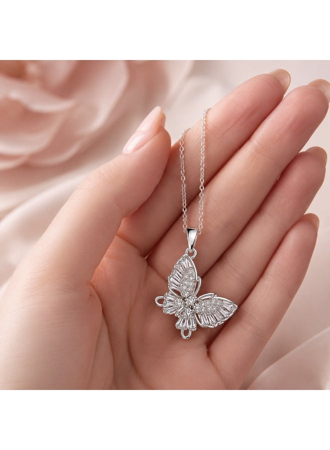 RAFAL Butterfly Light Women's Silver-Tone Pendant Necklace with Baguette and Pavé Clear Crystals - Image 3