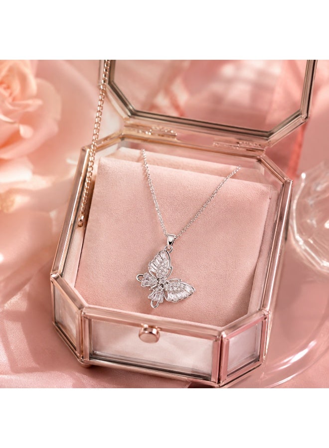 RAFAL Butterfly Light Women's Silver-Tone Pendant Necklace with Baguette and Pavé Clear Crystals - Image 4