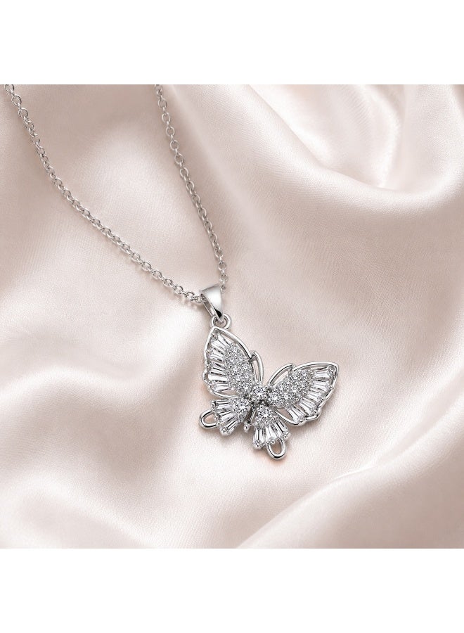 RAFAL Butterfly Light Women's Silver-Tone Pendant Necklace with Baguette and Pavé Clear Crystals - Image 2