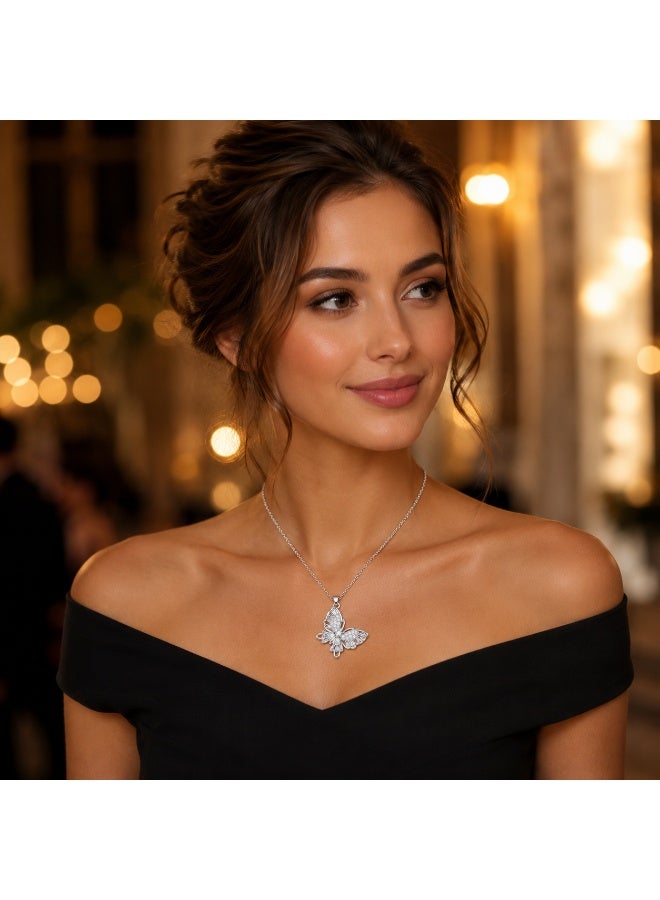 RAFAL Butterfly Light Women's Silver-Tone Pendant Necklace with Baguette and Pavé Clear Crystals - Image 5