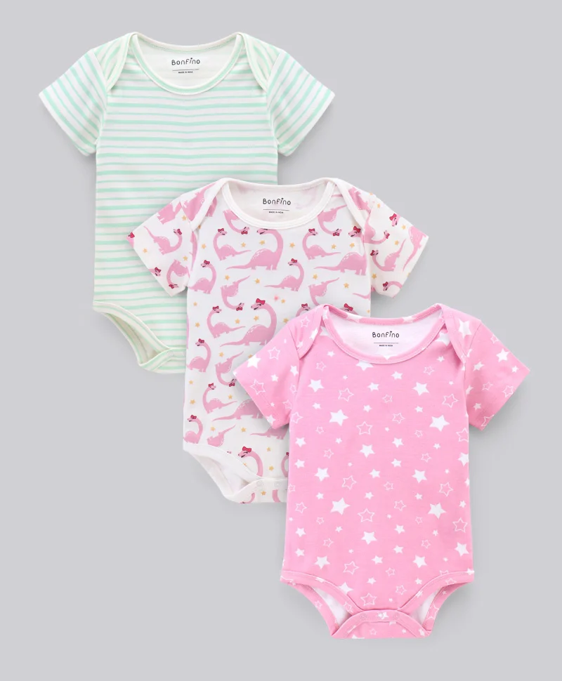 Bonfino Bonfino Half Sleeves Printed & Striped Onesies Pack of 3 - Blue Pink