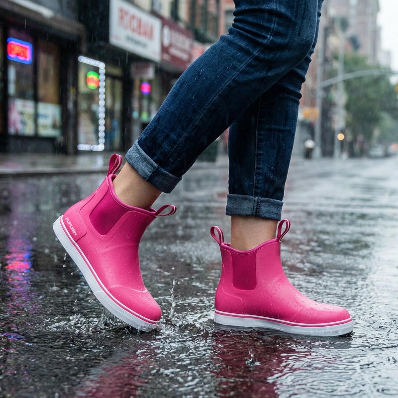 Furuian Women's Deck Boots Ankle Rain Boots Fishing Boots Rubber Waterproof Garden Shoes Slip-Resistant Outdoor Work Shoes, Pink, Size 8 - Image 2