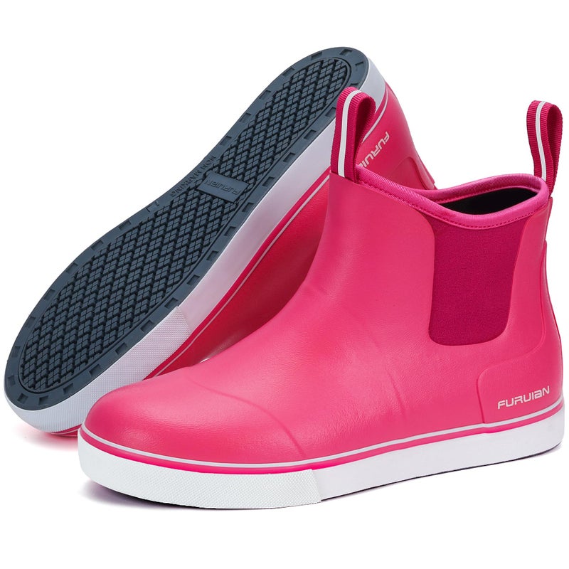 Furuian Women's Deck Boots Ankle Rain Boots Fishing Boots Rubber Waterproof Garden Shoes Slip-Resistant Outdoor Work Shoes, Pink, Size 8 - Image 1