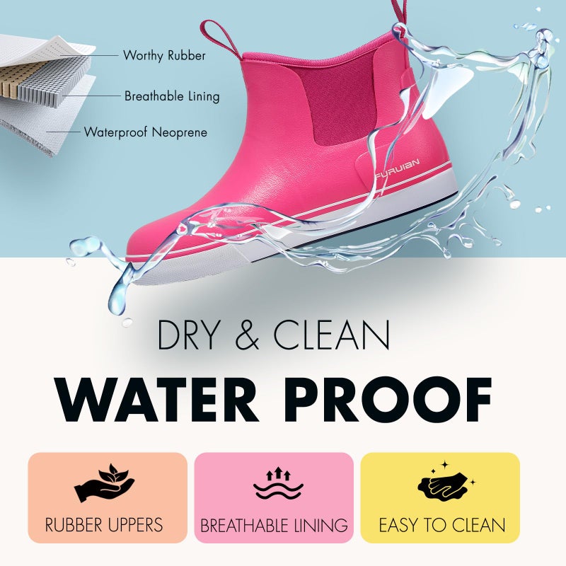Furuian Women's Deck Boots Ankle Rain Boots Fishing Boots Rubber Waterproof Garden Shoes Slip-Resistant Outdoor Work Shoes, Pink, Size 8 - Image 4