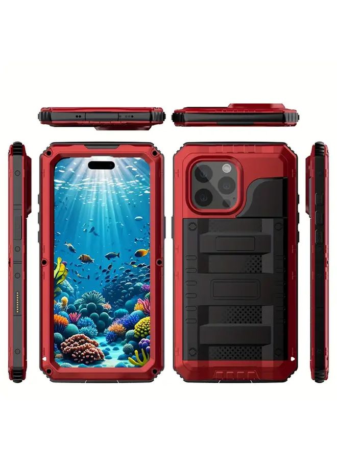 Heavy Duty Red Metal Phone Case Compatible With iPhone 14 With Soft Silicone Buttons Luxury Finish Outdoor Sports Anti Drop Protective Cover - Image 4