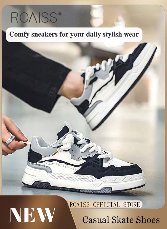 roaiss Colour Blocked Casual Chunky Sneakers for Men Lace up Comfy Non Slip Street Style Skate Shoes for Outdoor Workout Activities Mens Stylish Low Cut Soft Sole Breathable Sports Shoes for All Seasons Round Toe Shoes Low Top Sneaker - Image 1