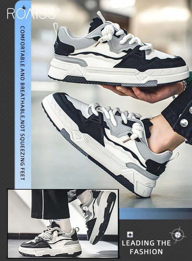 roaiss Colour Blocked Casual Chunky Sneakers for Men Lace up Comfy Non Slip Street Style Skate Shoes for Outdoor Workout Activities Mens Stylish Low Cut Soft Sole Breathable Sports Shoes for All Seasons Round Toe Shoes Low Top Sneaker - Image 2
