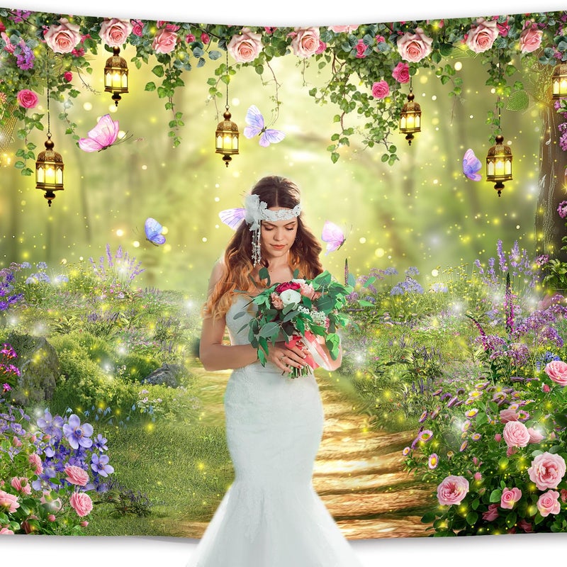 Imirell Fairy Wonderland Tale Backdrop 7Wx5H Feet Greenery Enchanted Woodland Garden Polyester Fabric Pink Purple Flower Floral Butterfly Photography Backgrounds Photo Shoot Decor Props Decoration - Image 2