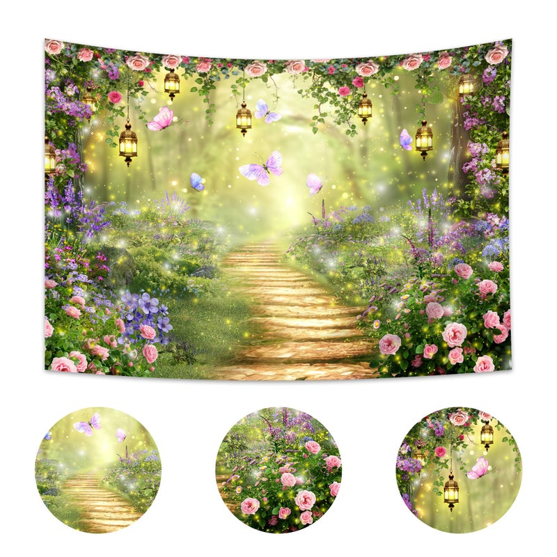 Imirell Fairy Wonderland Tale Backdrop 7Wx5H Feet Greenery Enchanted Woodland Garden Polyester Fabric Pink Purple Flower Floral Butterfly Photography Backgrounds Photo Shoot Decor Props Decoration - Image 3