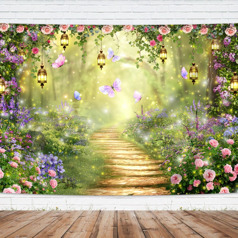 Imirell Fairy Wonderland Tale Backdrop 7Wx5H Feet Greenery Enchanted Woodland Garden Polyester Fabric Pink Purple Flower Floral Butterfly Photography Backgrounds Photo Shoot Decor Props Decoration - Image 1