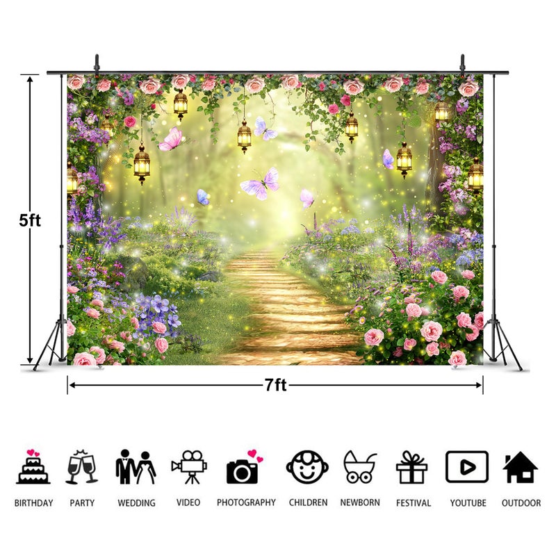 Imirell Fairy Wonderland Tale Backdrop 7Wx5H Feet Greenery Enchanted Woodland Garden Polyester Fabric Pink Purple Flower Floral Butterfly Photography Backgrounds Photo Shoot Decor Props Decoration - Image 4