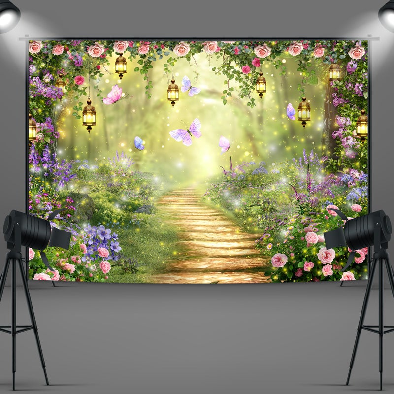 Imirell Fairy Wonderland Tale Backdrop 7Wx5H Feet Greenery Enchanted Woodland Garden Polyester Fabric Pink Purple Flower Floral Butterfly Photography Backgrounds Photo Shoot Decor Props Decoration - Image 5