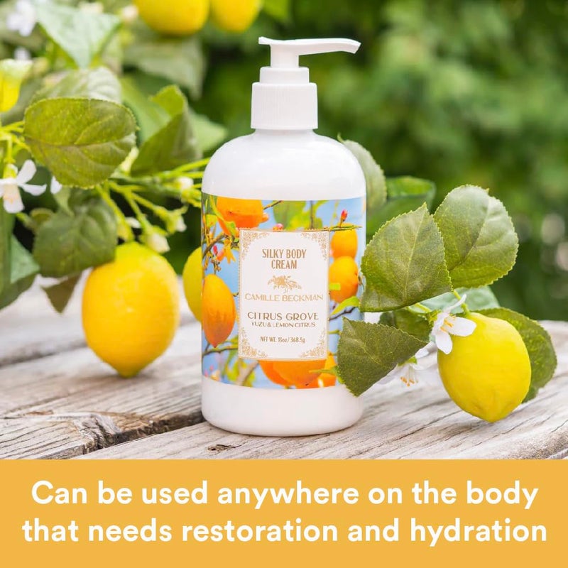 Camille Beckman Citrus Grove Scented Silky Body Cream, Daily Moisturizer for All Skin Types, Non-Greasy Vegan Formula to Nourish and Soften Hands and Body, 13 Ounce - Image 3