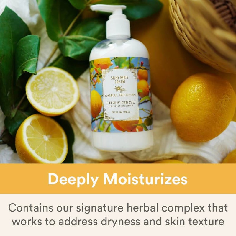 Camille Beckman Citrus Grove Scented Silky Body Cream, Daily Moisturizer for All Skin Types, Non-Greasy Vegan Formula to Nourish and Soften Hands and Body, 13 Ounce - Image 4